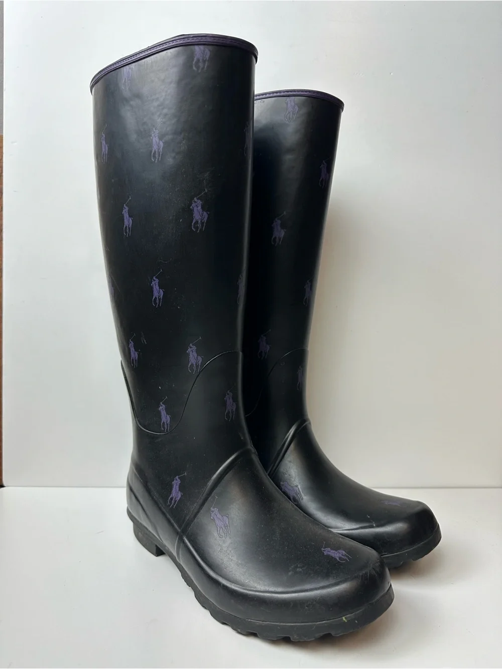Ralph Lauren Black And Purple Pony Rubber Rain Boots